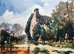 Aquarelle impressionniste française d'un cottage entouré de bois