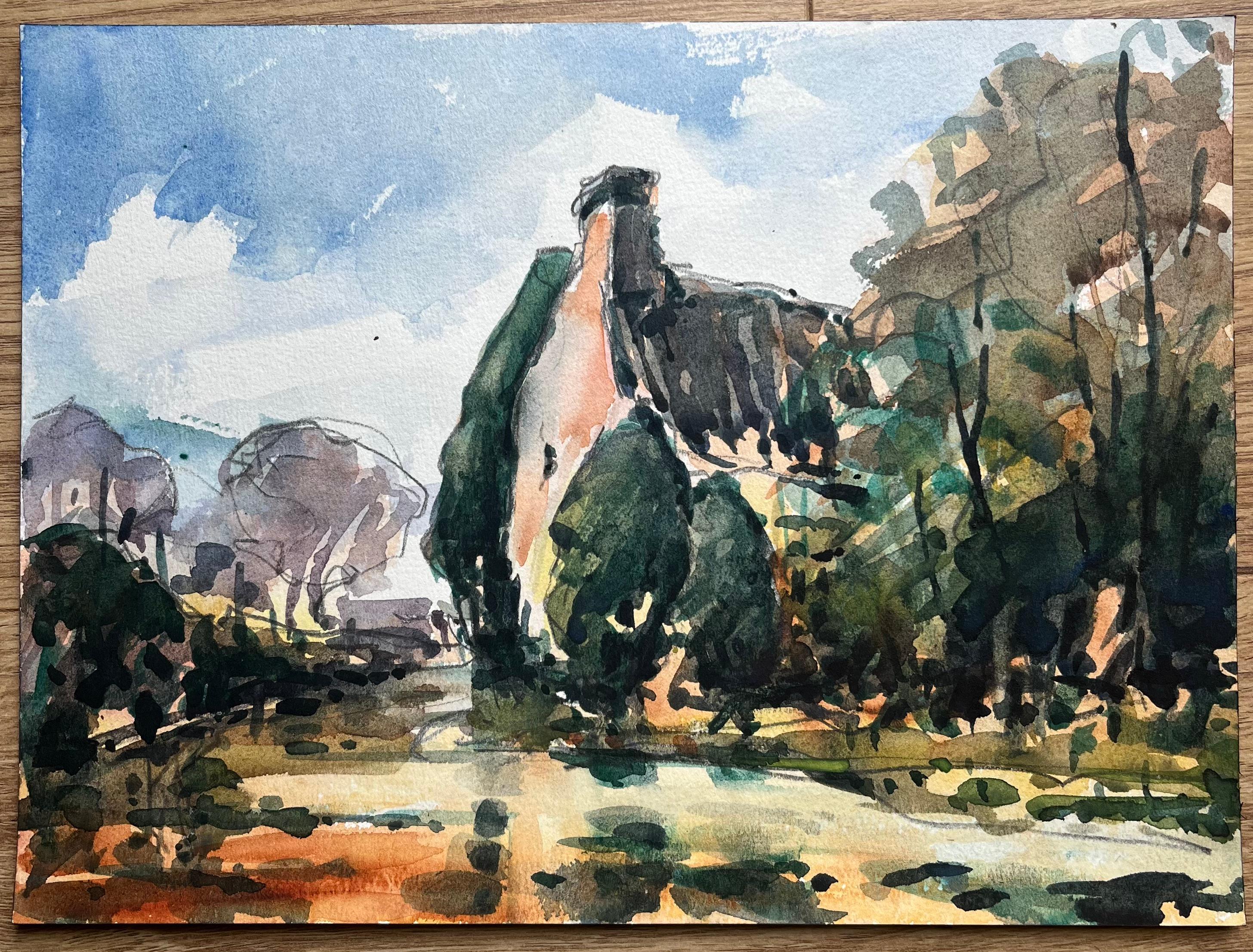 Acquerello impressionista francese di un cottage circondato da un bosco - Art Impressionismo di Maurice Mazeilie