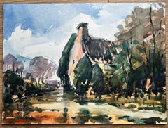 French Impressionist Watercolor of a Cottage Surrounded by Woodland