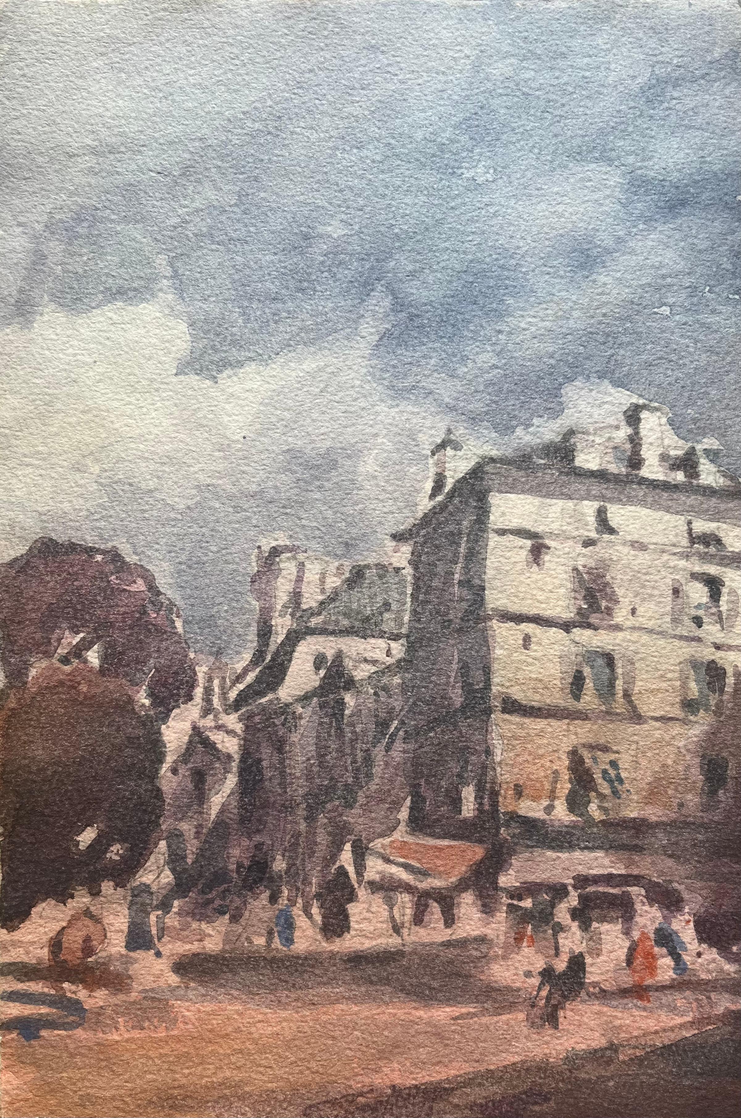 Acquerello francese Impressionista Scena urbana francese raffigurante una strada affollata