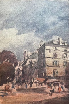 French Impressionist Watercolor French Urban Scene Depicting a Bustling Street