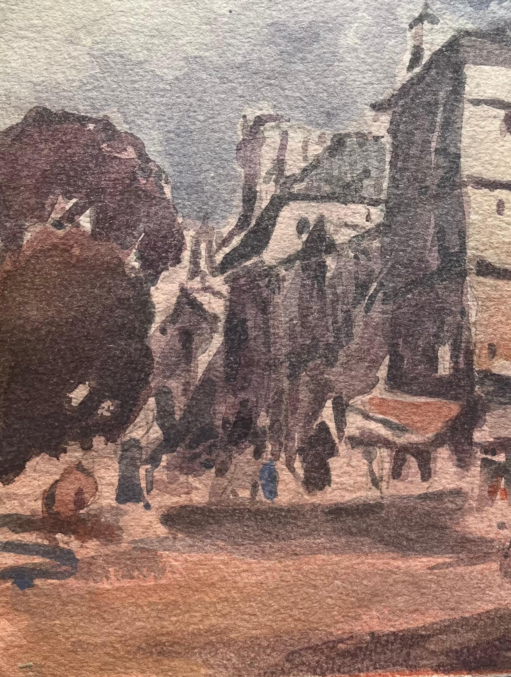 Aquarelle impressionniste française d'une scène urbaine française représentant une rue animée - Gris Landscape Art par Maurice Mazeilie