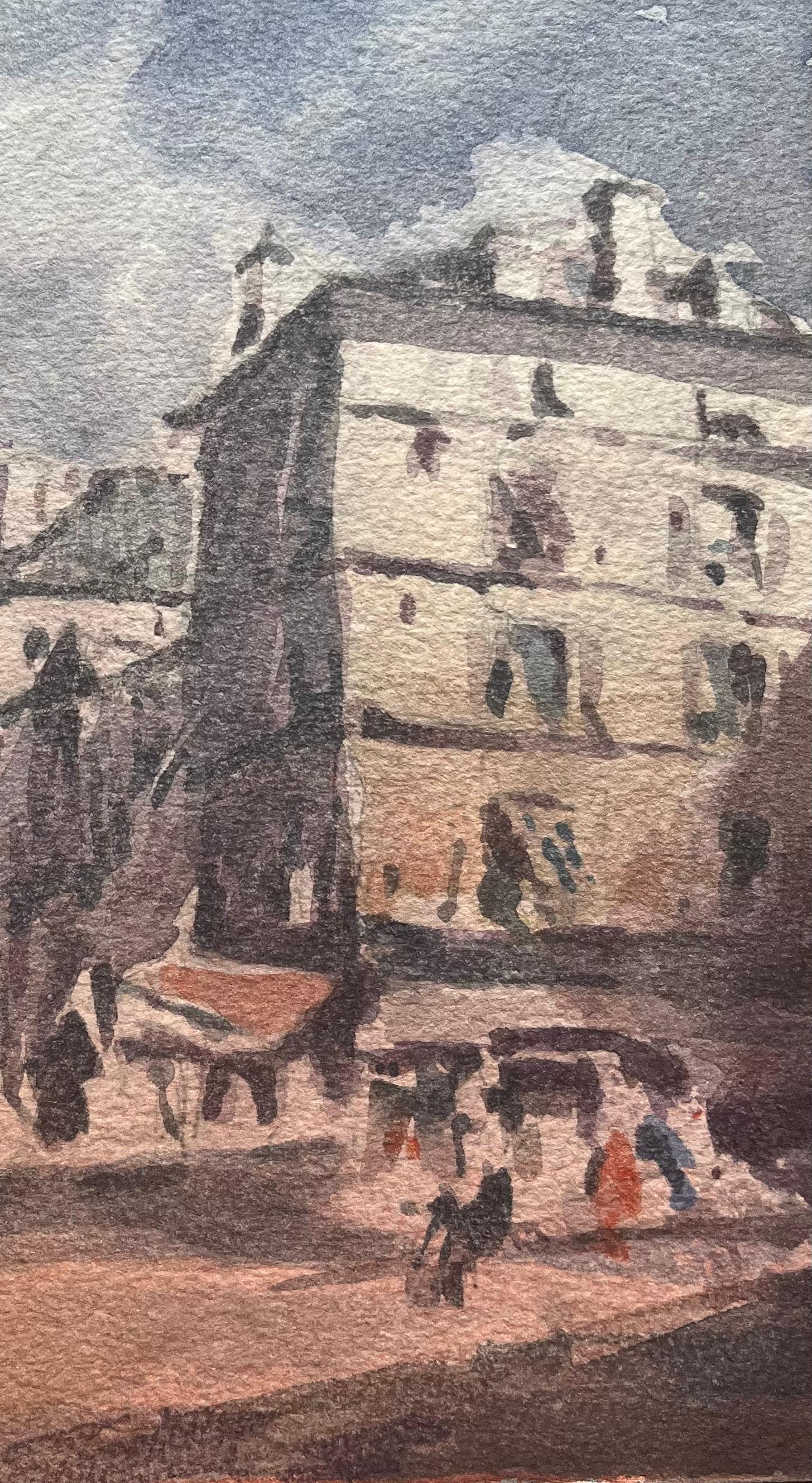 Aquarelle impressionniste française d'une scène urbaine française représentant une rue animée - Impressionnisme Art par Maurice Mazeilie