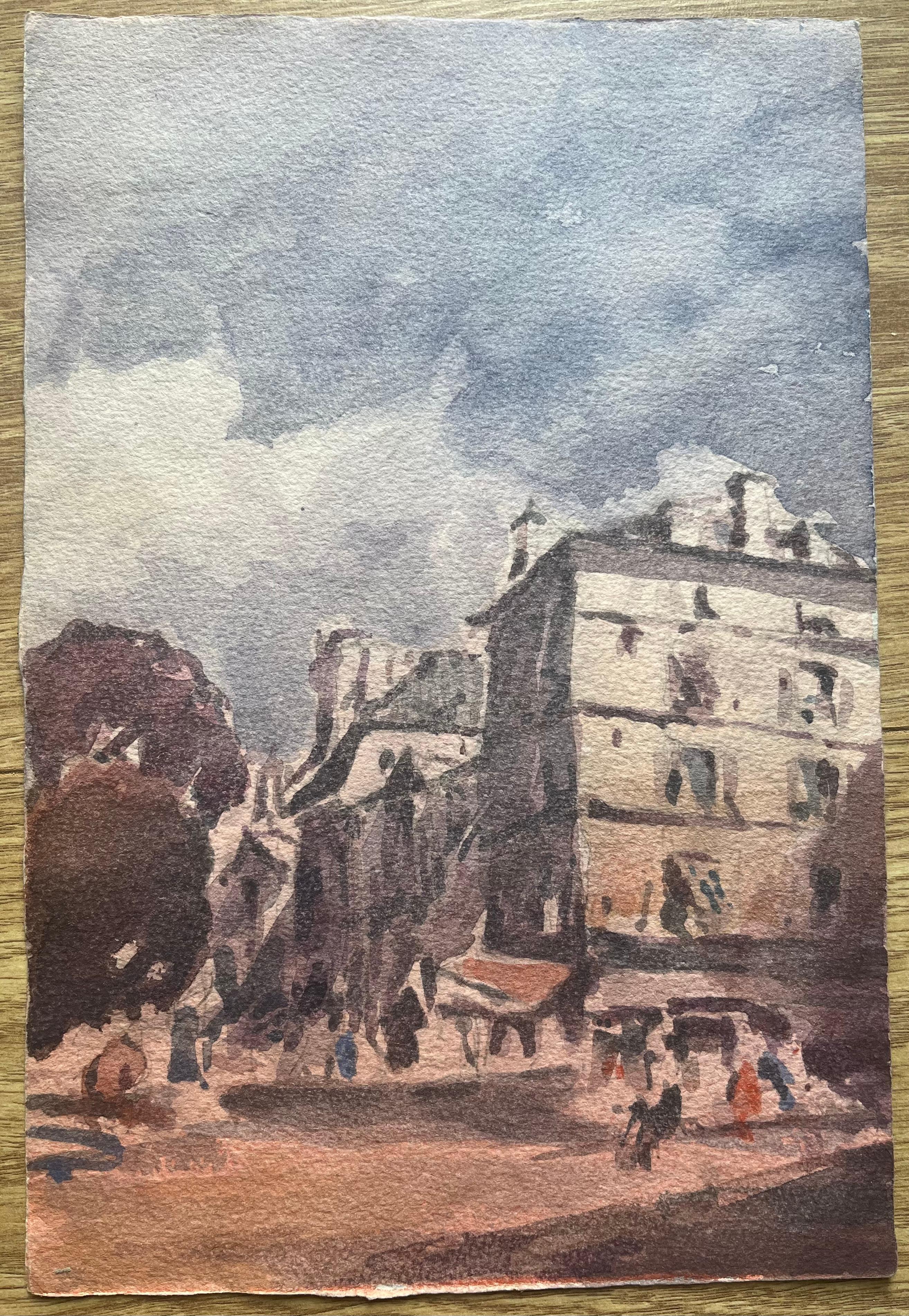 Aquarelle impressionniste française d'une scène urbaine française représentant une rue animée - Art de Maurice Mazeilie