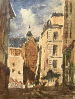 French Impressionist Watercolor of Urban Street Scene with Bell Tower