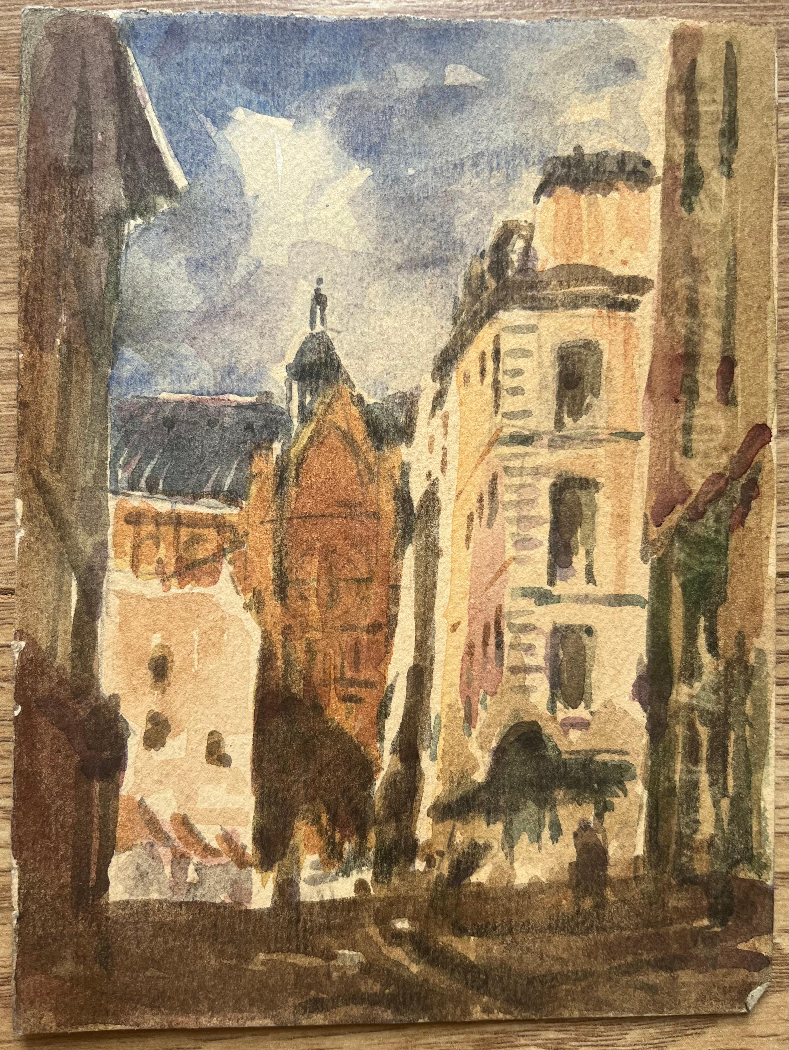 Aquarelle impressionniste française d'une scène de rue urbaine avec tour cloche - Art de Maurice Mazeilie