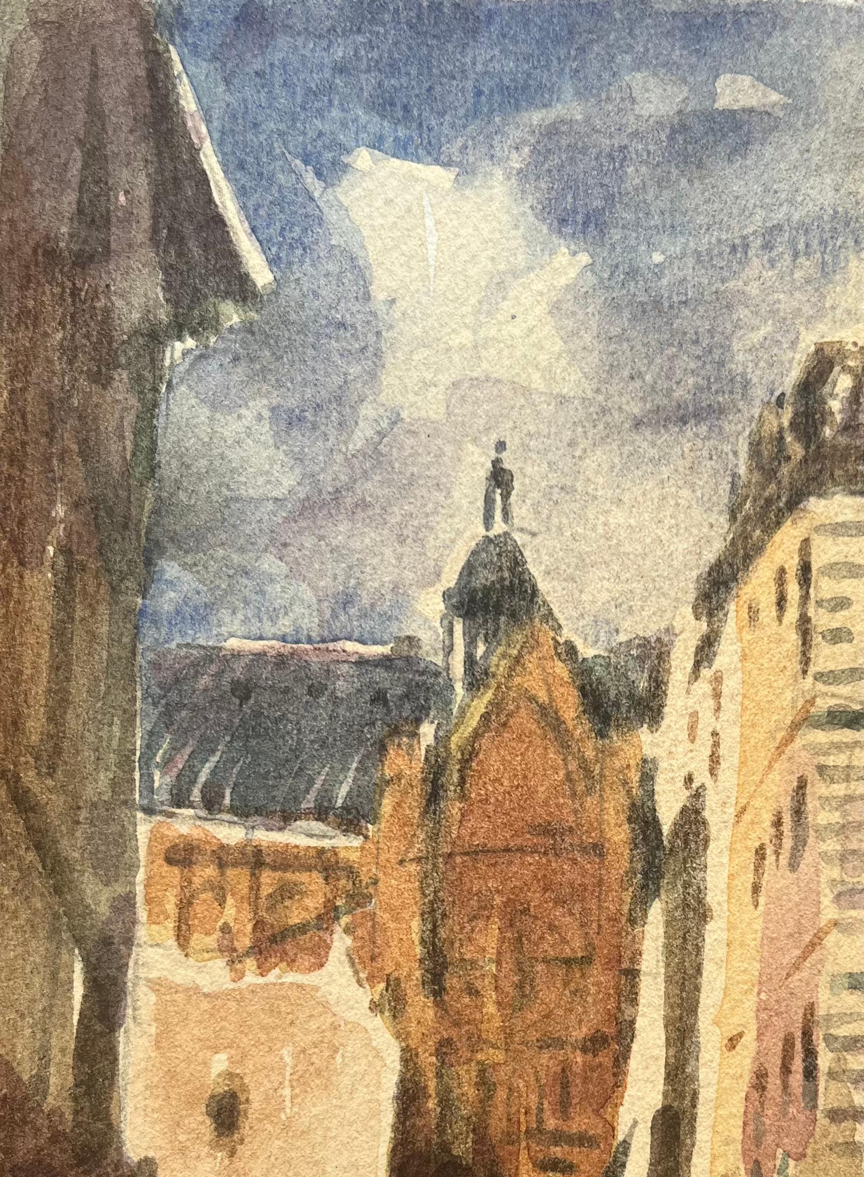 Aquarelle impressionniste française d'une scène de rue urbaine avec tour cloche - Marron Landscape Art par Maurice Mazeilie