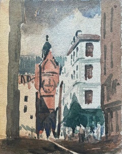 French Impressionist Watercolor of Street Scene with Prominent Red Brick Church