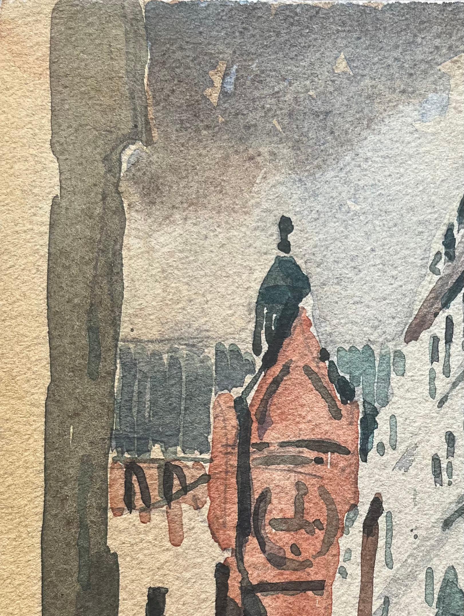 Acquerello impressionista francese di una scena di strada con un'imponente chiesa in mattoni rossi - Art Impressionismo di Maurice Mazeilie