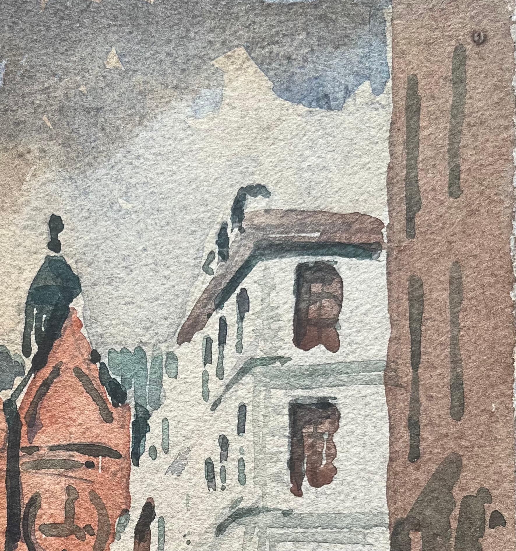 Acquerello impressionista francese di una scena di strada con un'imponente chiesa in mattoni rossi - Landscape Art Grigio di Maurice Mazeilie