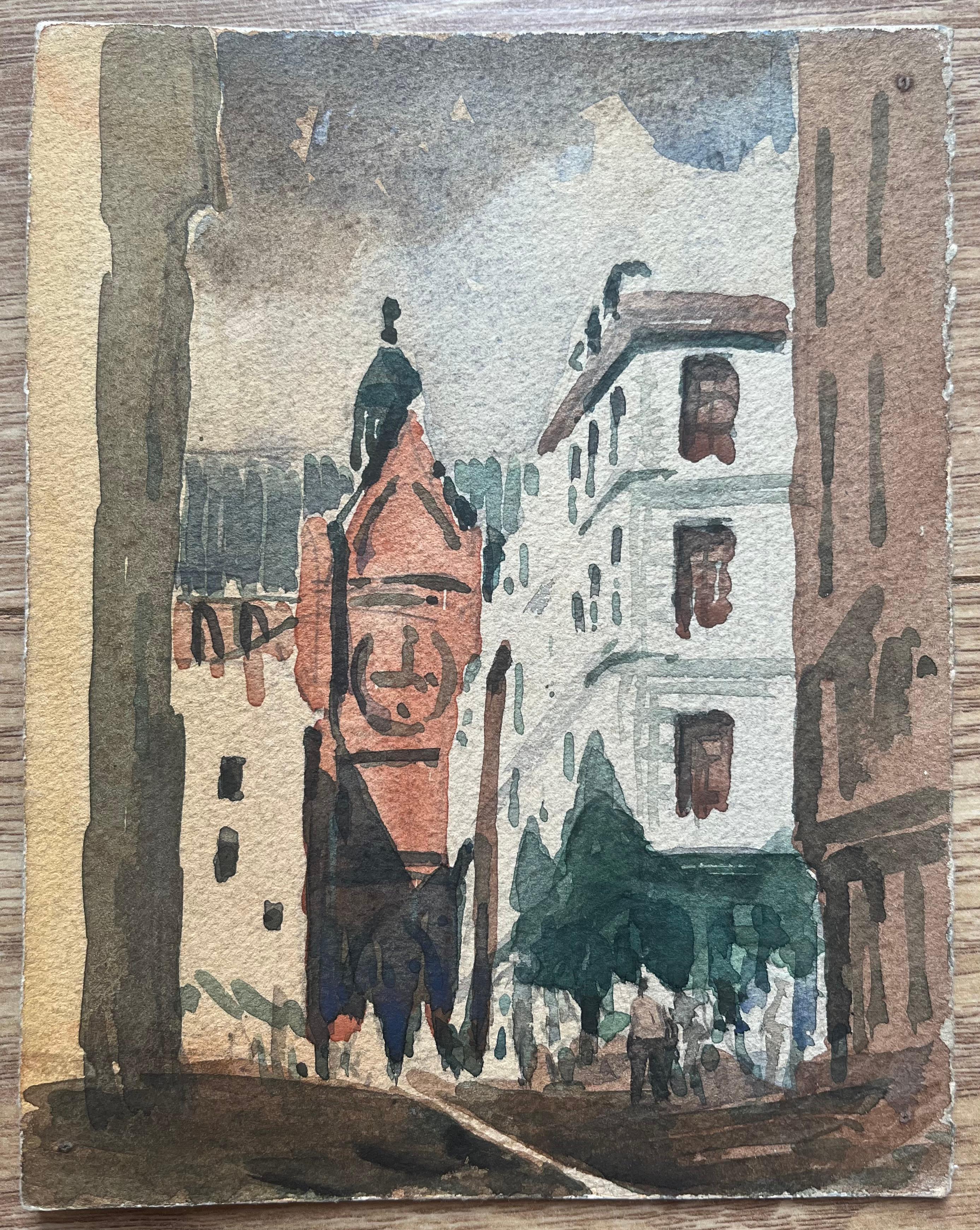 Acquerello impressionista francese di una scena di strada con un'imponente chiesa in mattoni rossi - Art di Maurice Mazeilie