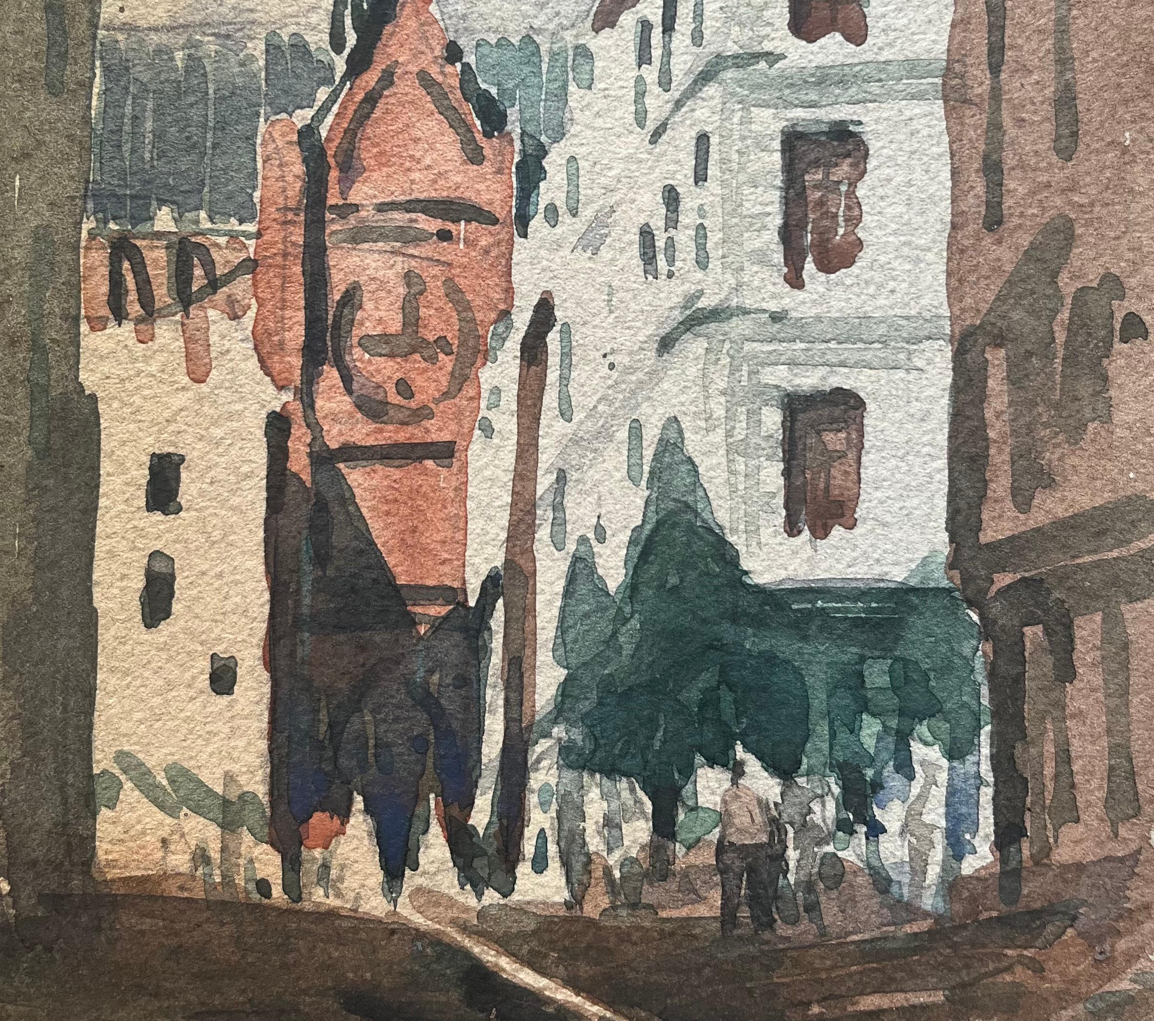 Titolo: Acquerello impressionista francese di una scena di strada con un'imponente chiesa in mattoni rossi 
Di Maurice Mazeilie (francese 1924-2021)
Medium: Acquerello su carta, senza cornice
Dimensioni: 6,25 x 5 pollici (altezza x