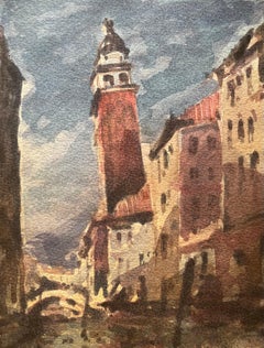 French Impressionist Watercolor of Venice Cityscape with Tower and Canal