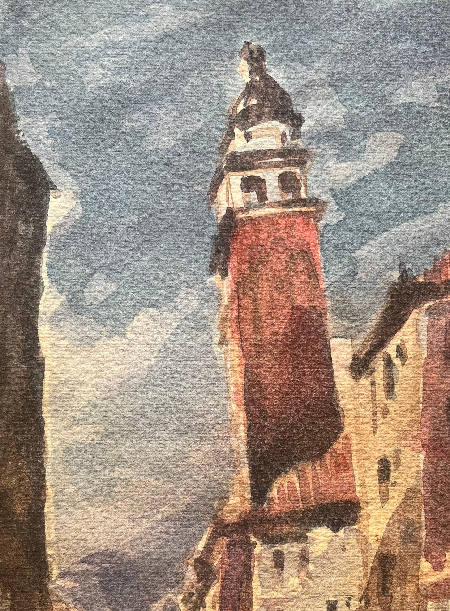 Acquerello impressionista francese con paesaggio urbano di Venezia con torre e canale - Art Impressionismo di Maurice Mazeilie
