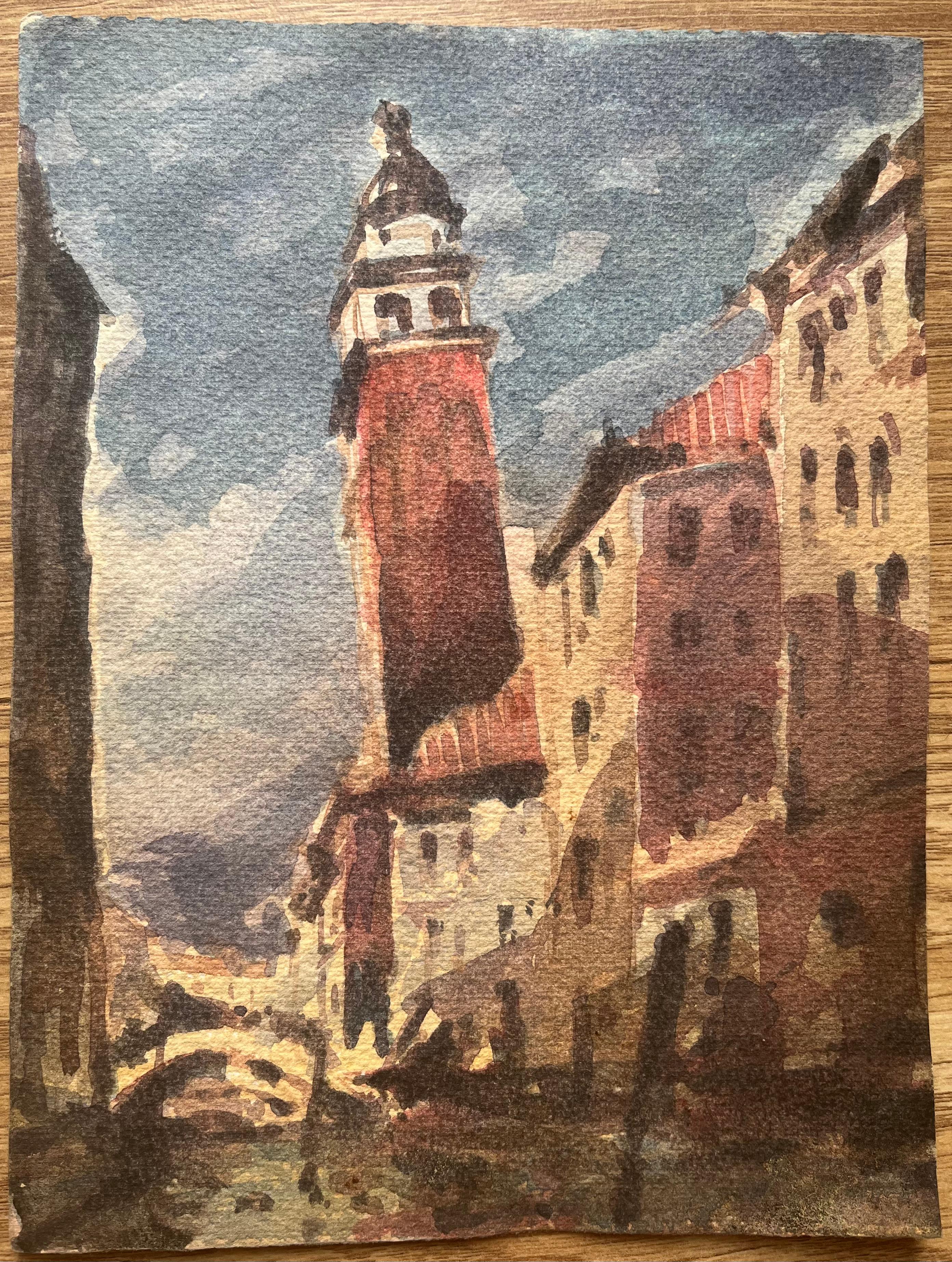 Acquerello impressionista francese con paesaggio urbano di Venezia con torre e canale - Art di Maurice Mazeilie