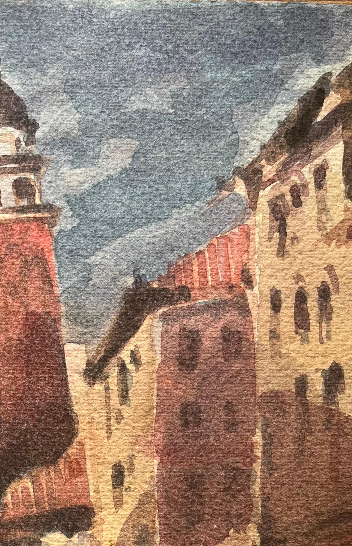 Acquerello impressionista francese con paesaggio urbano di Venezia con torre e canale - Landscape Art Marrone di Maurice Mazeilie