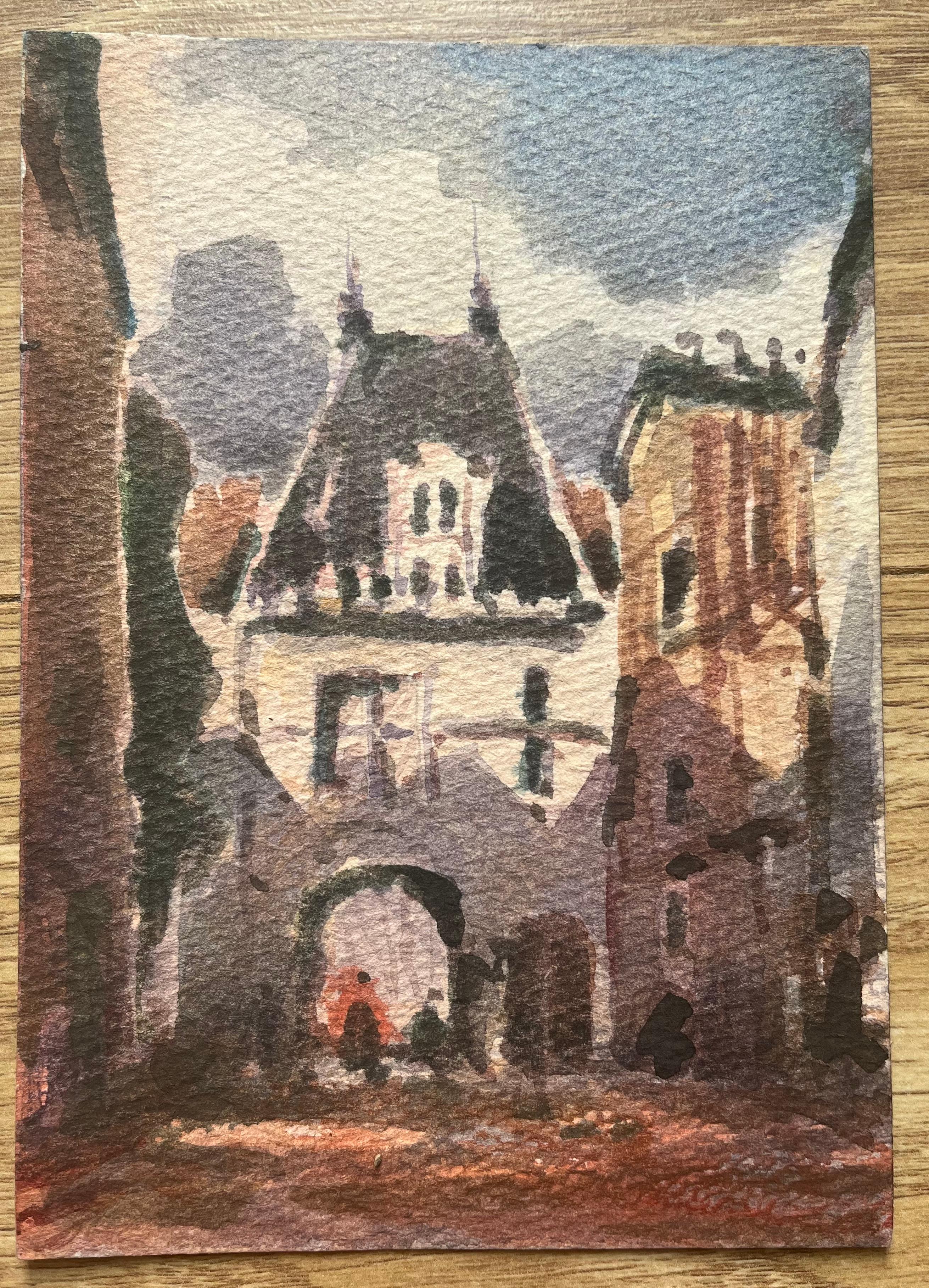 Acquerello impressionista francese della piazza di un villaggio francese con arco - Art di Maurice Mazeilie