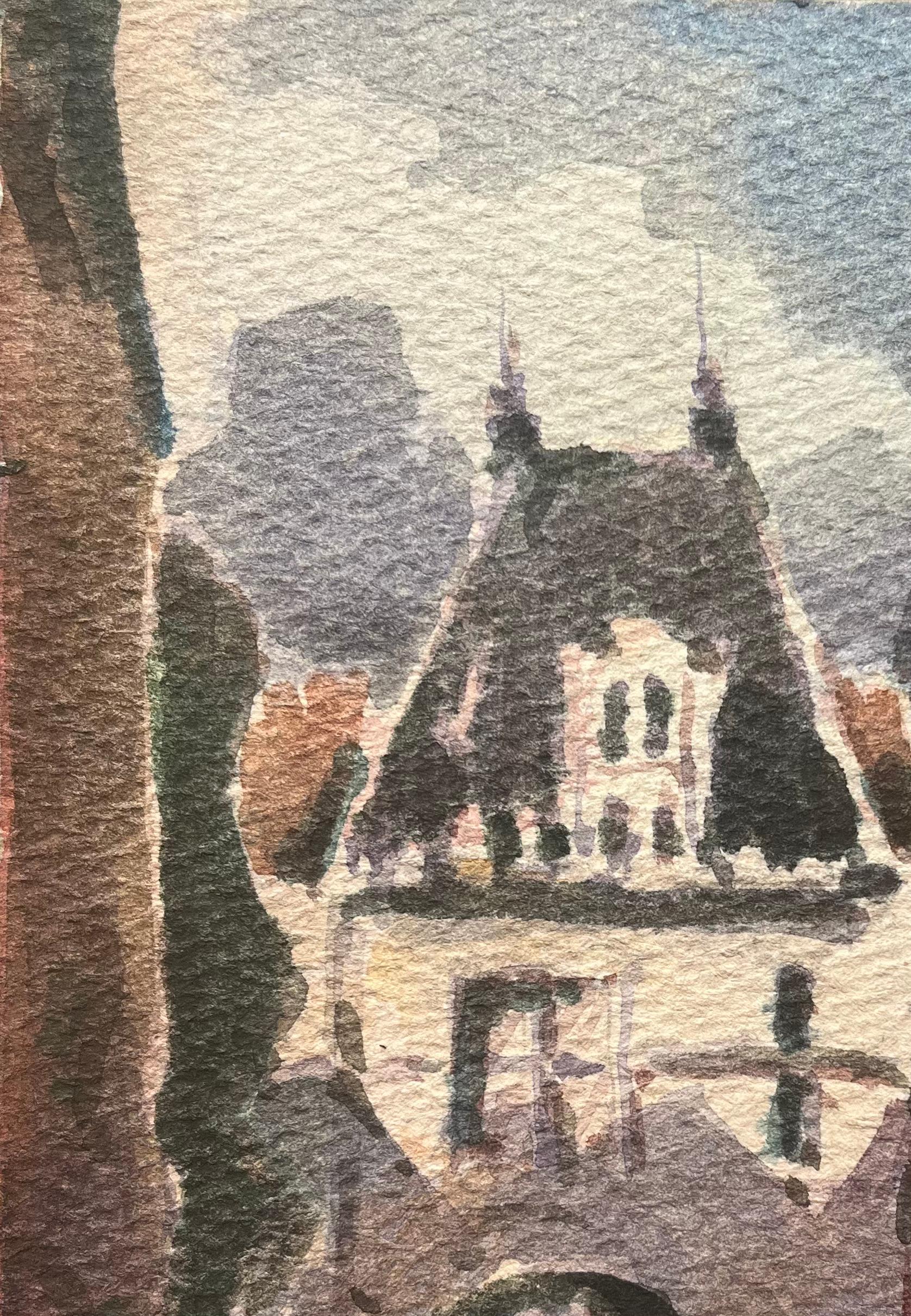 Acquerello impressionista francese della piazza di un villaggio francese con arco - Art Impressionismo di Maurice Mazeilie