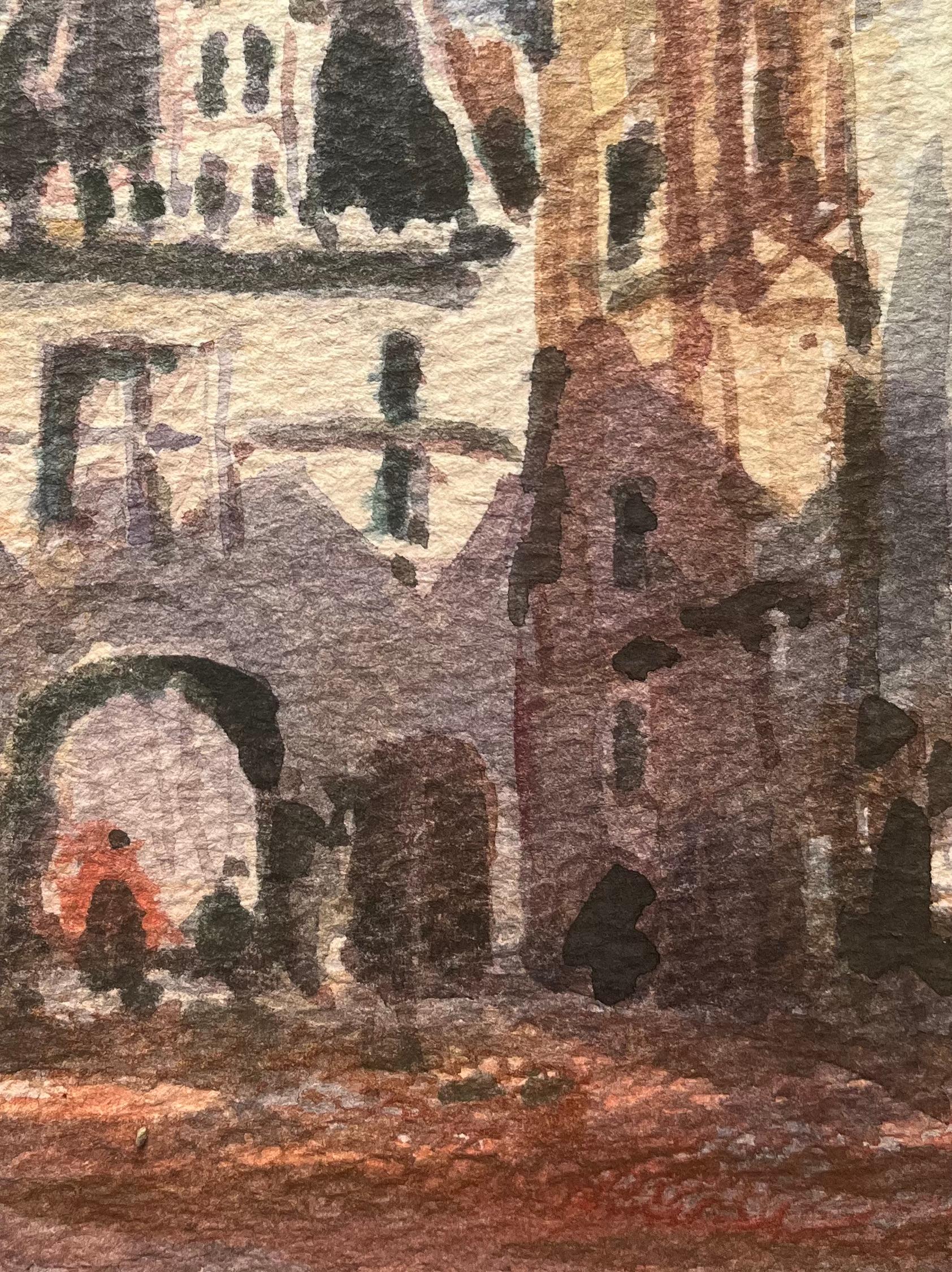 Acquerello impressionista francese della piazza di un villaggio francese con arco in vendita 1