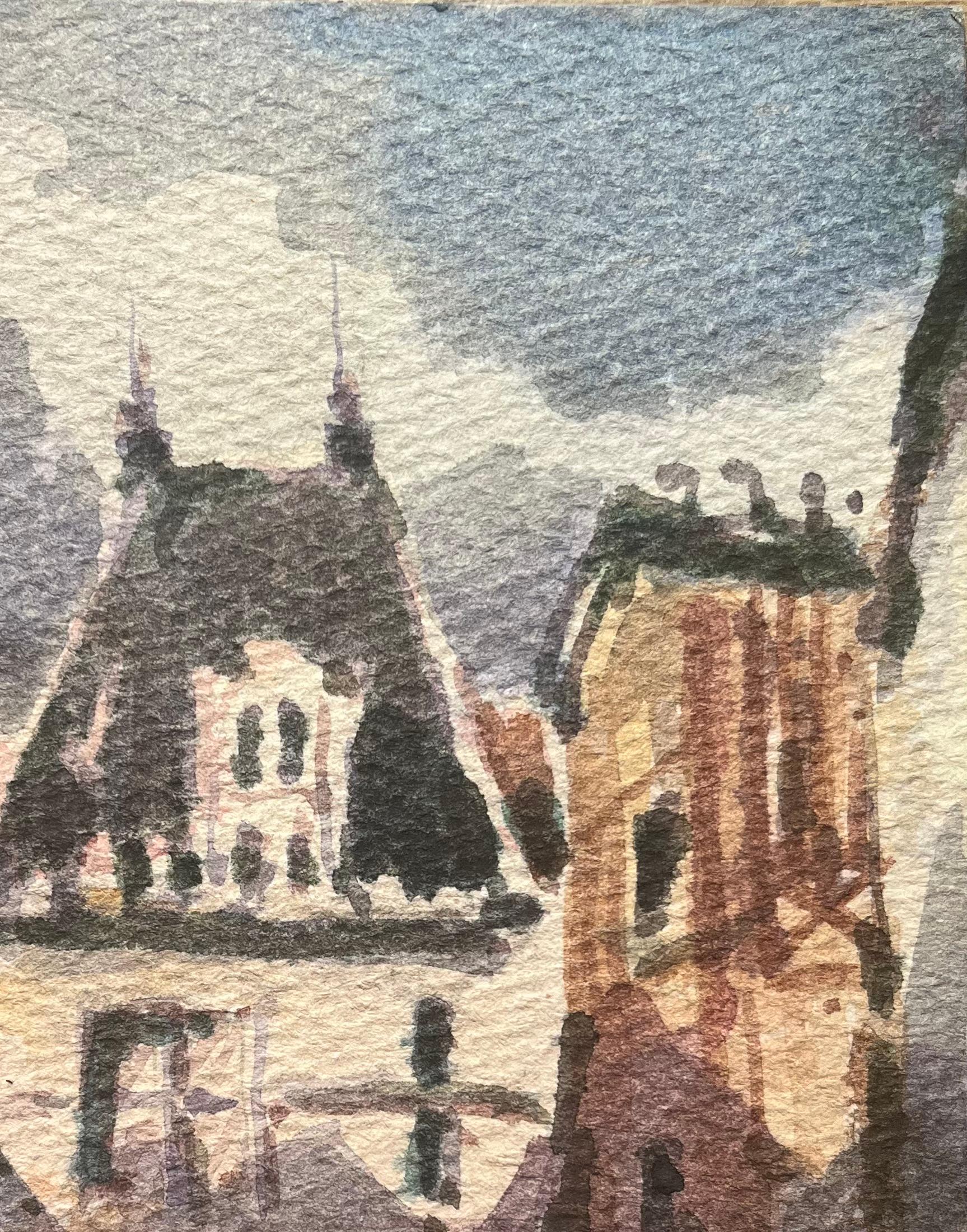 Acquerello impressionista francese della piazza di un villaggio francese con arco - Landscape Art Grigio di Maurice Mazeilie