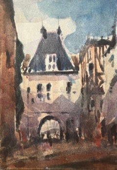 Aquarelle impressionniste française représentant une rue d'un village français avec une arche