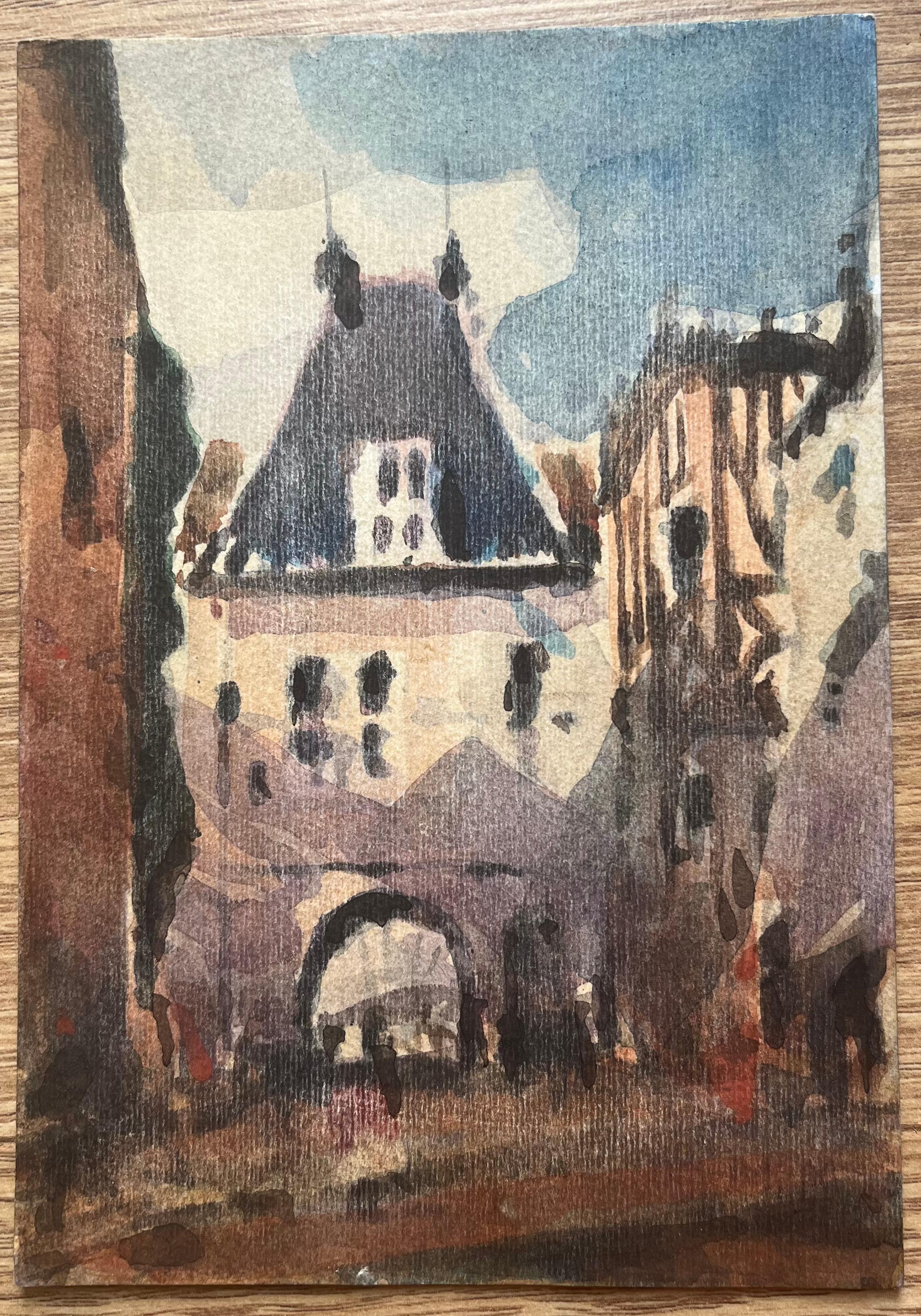 Aquarelle impressionniste française représentant une rue d'un village français avec une arche - Impressionnisme Art par Maurice Mazeilie