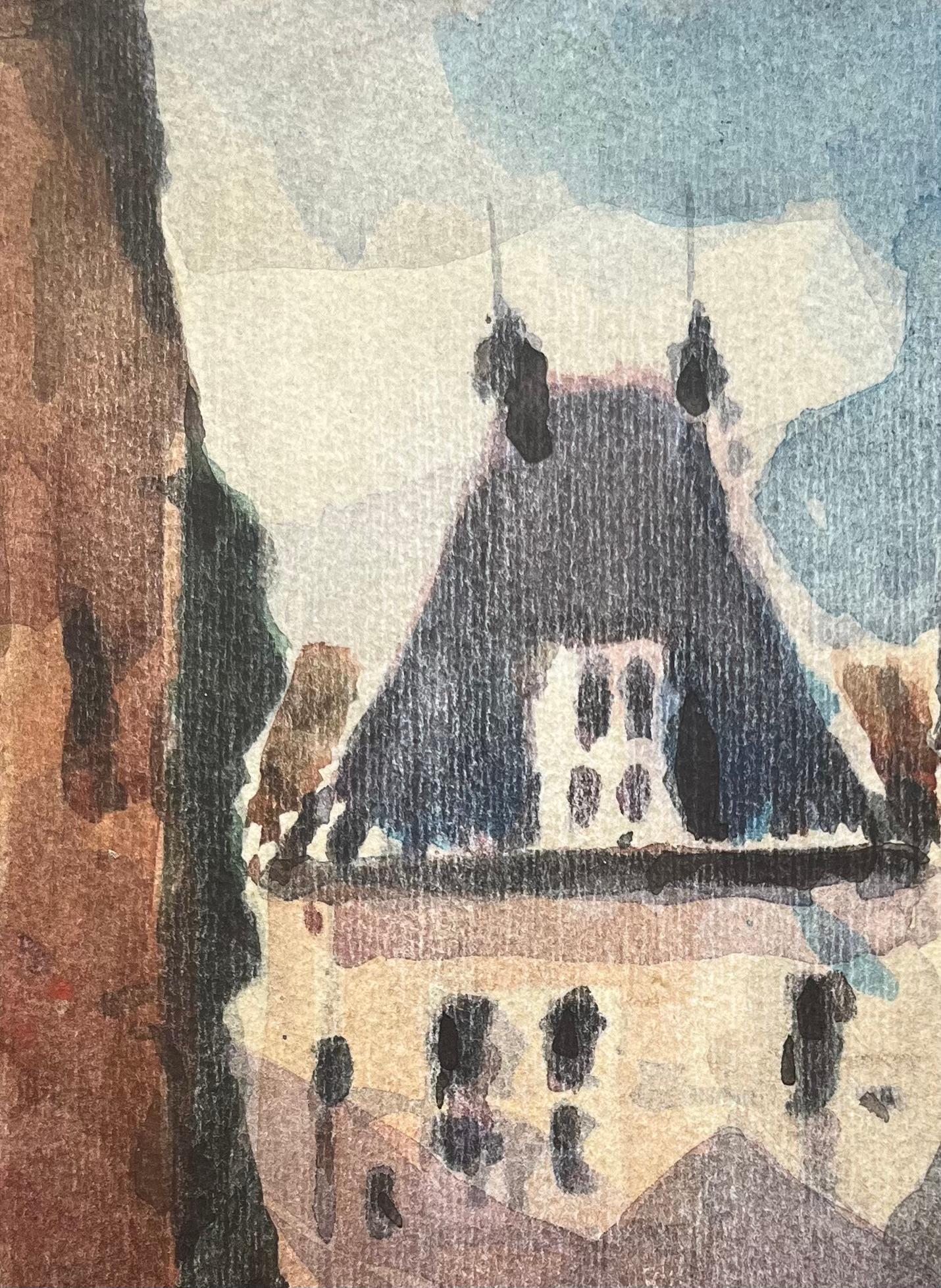 Aquarelle impressionniste française représentant une rue d'un village français avec une arche en vente 1
