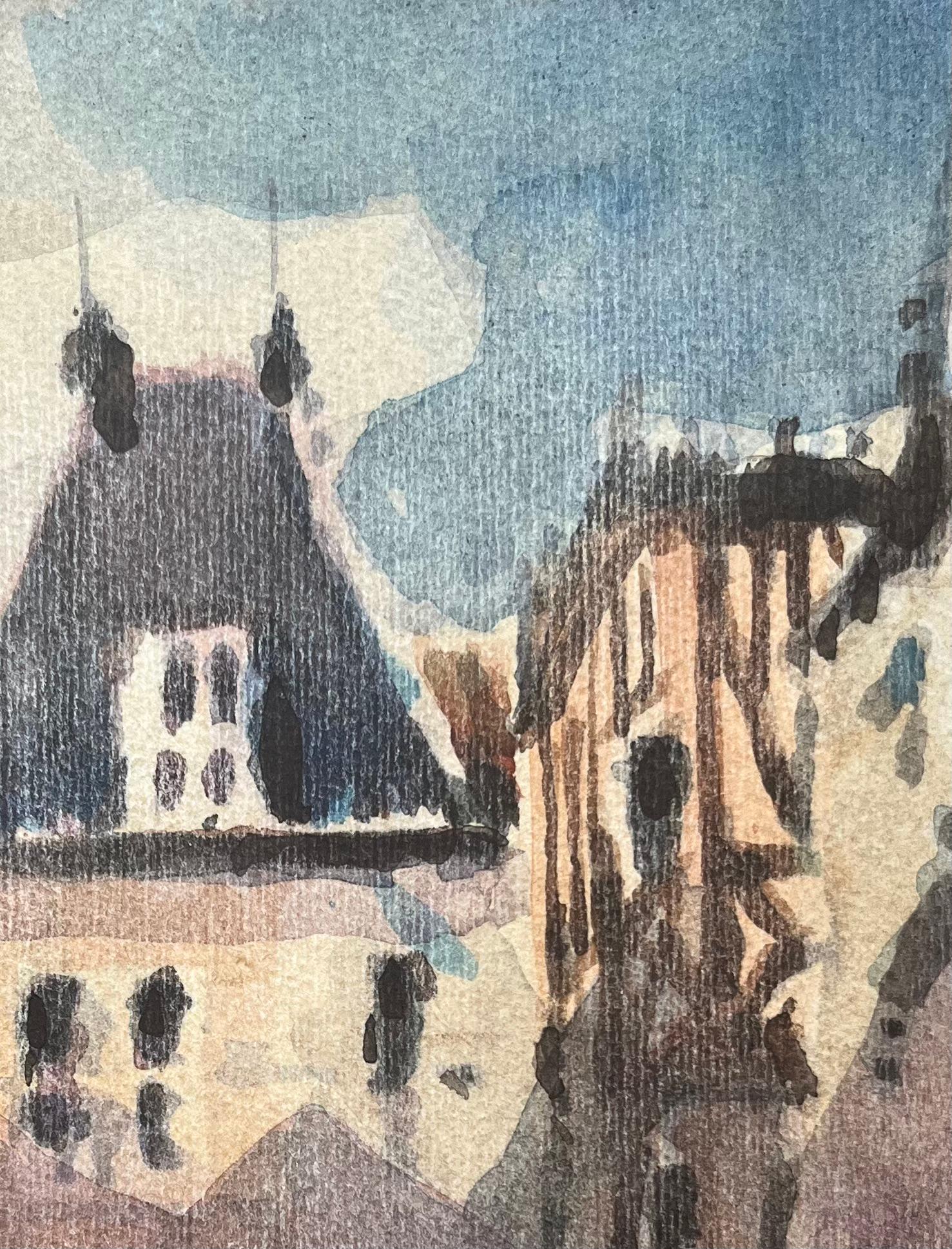 Aquarelle impressionniste française représentant une rue d'un village français avec une arche en vente 2