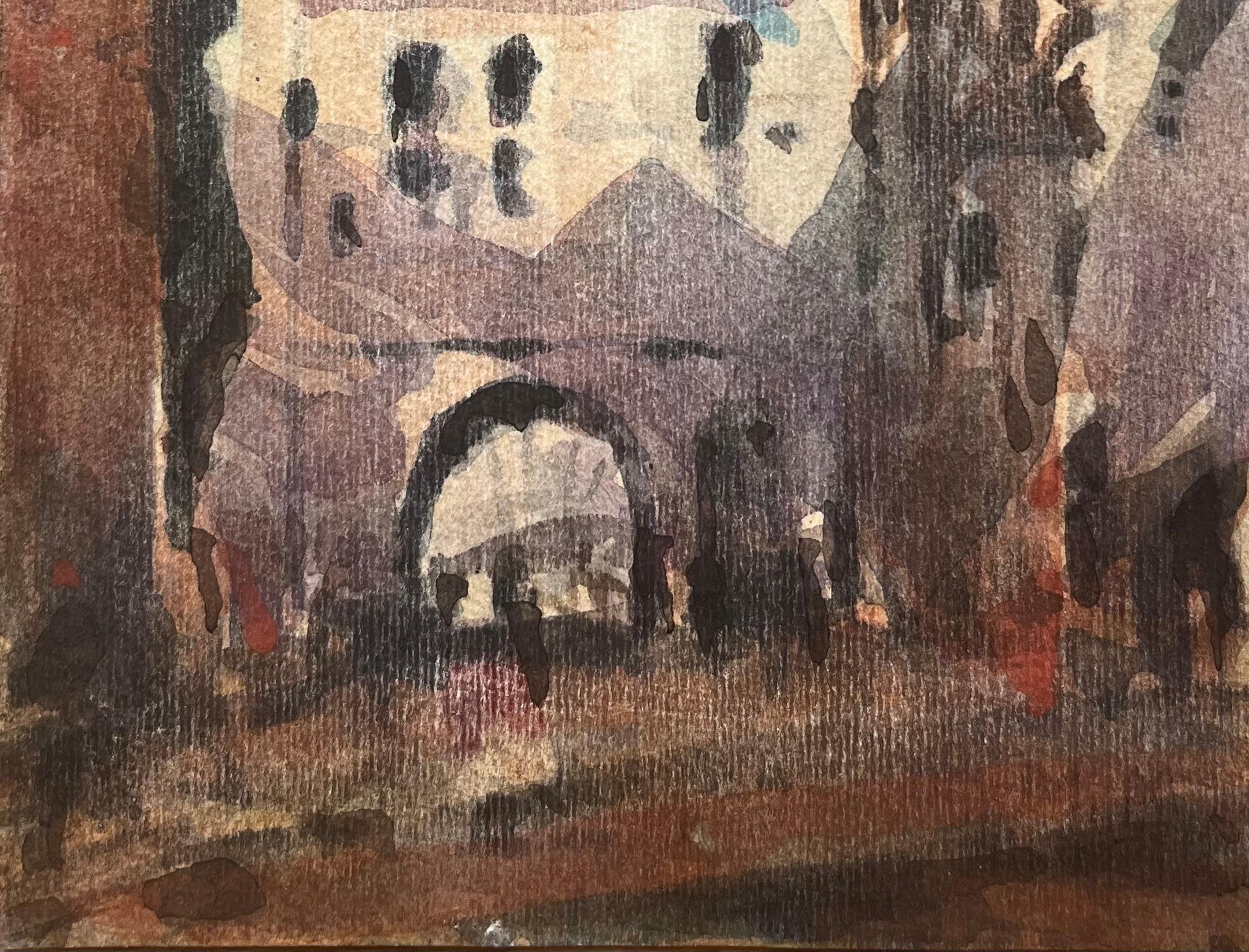 Titre : Aquarelle impressionniste française d'une place de village française avec arcade
Par Maurice Mazeilie (français 1924-2021)
Moyen d'expression : Aquarelle sur papier, non encadrée
Taille : 7 x 4.75 pouces (hauteur x largeur)
Signé :