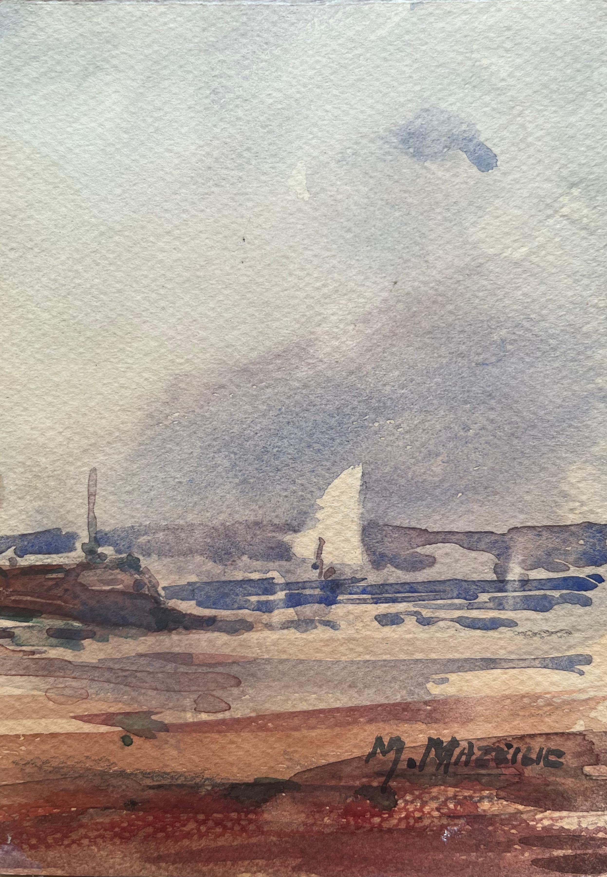 Landscape Art Maurice Mazeilie - Aquarelle impressionniste française représentant une scène portuaire côtière avec voilier