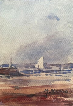 Acquerello impressionista francese raffigurante una scena di porto costiero con barca a vela