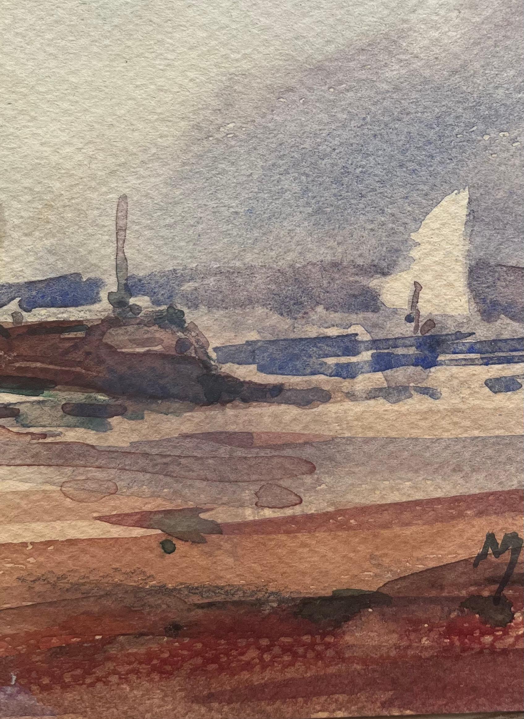 Aquarelle impressionniste française représentant une scène portuaire côtière avec voilier - Impressionnisme Art par Maurice Mazeilie