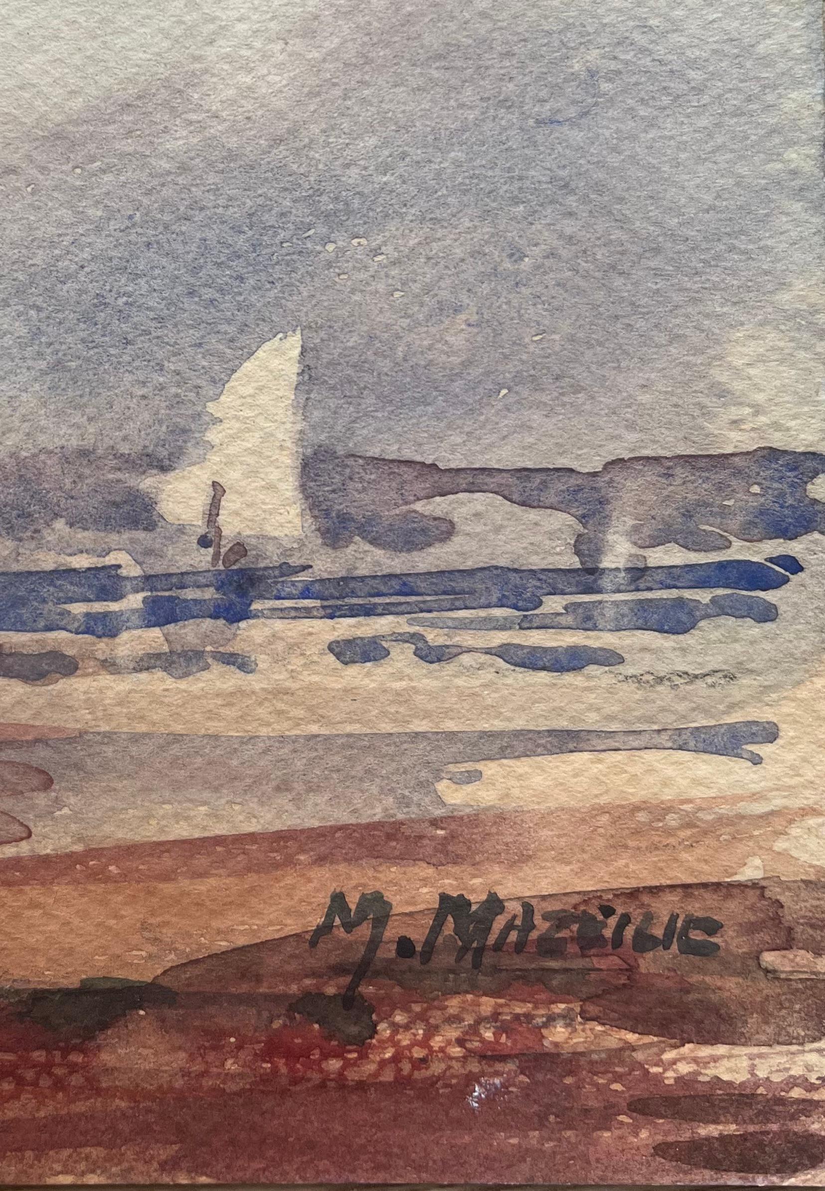 Aquarelle impressionniste française représentant une scène portuaire côtière avec voilier - Gris Landscape Art par Maurice Mazeilie