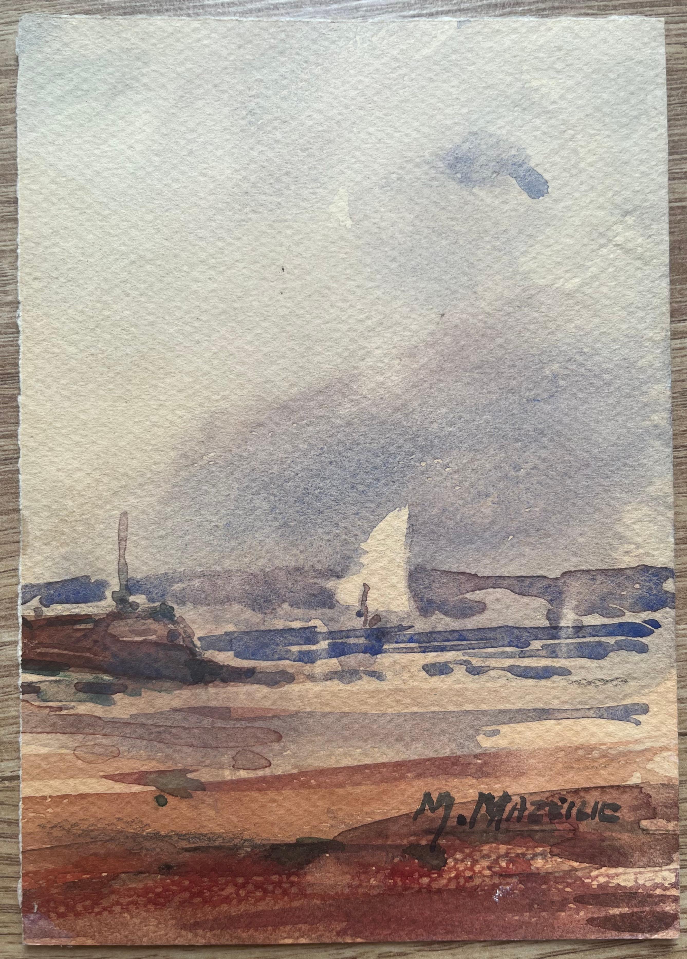 Aquarelle impressionniste française représentant une scène portuaire côtière avec voilier - Art de Maurice Mazeilie