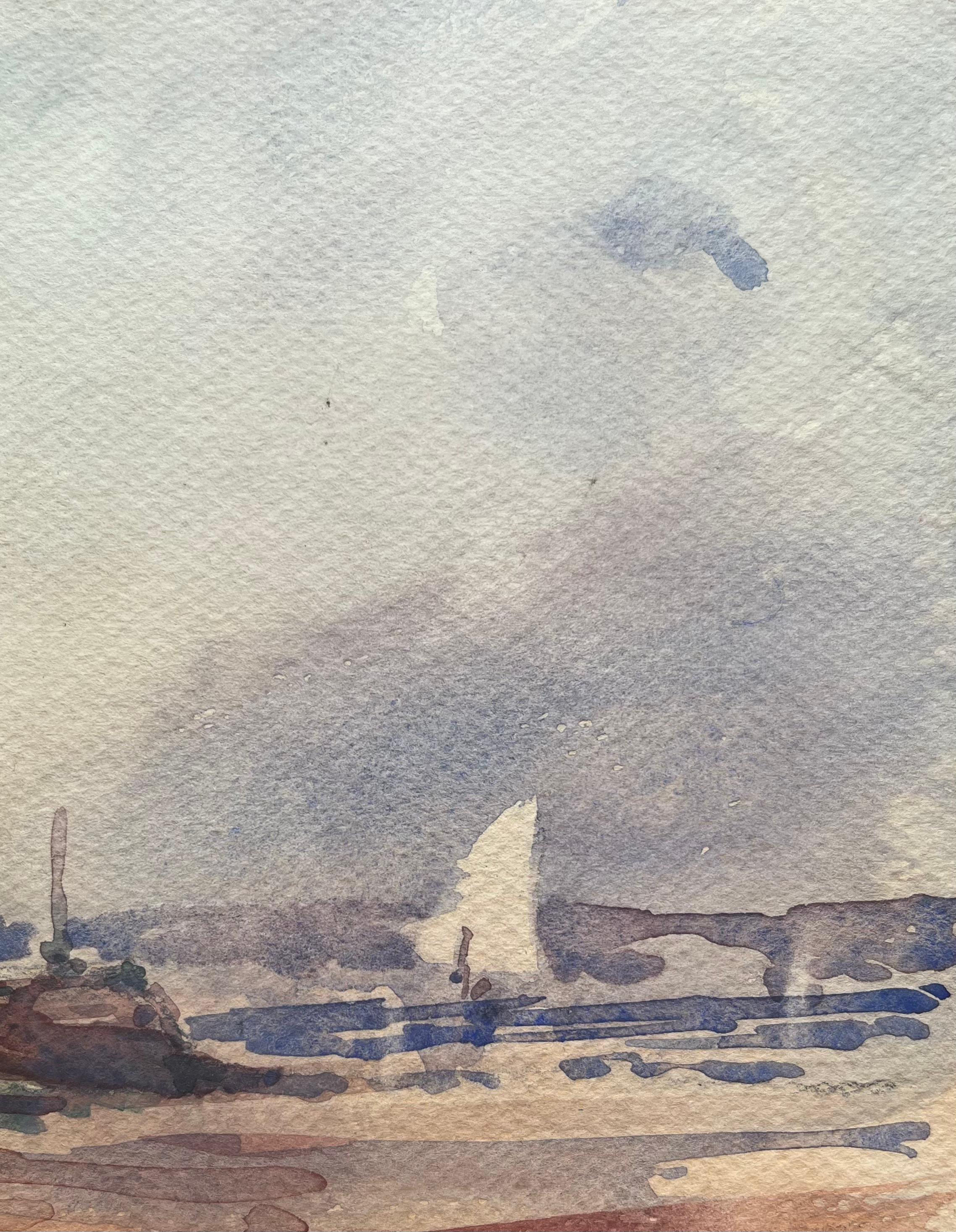 Titre : Aquarelle impressionniste française d'une scène portuaire côtière avec voilier
Par Maurice Mazeilie (français 1924-2021)
Moyen d'expression : Aquarelle sur papier, non encadrée
Taille : 7 x 5 pouces (hauteur x largeur)
Signé : En bas à