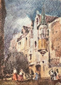 Acquerello impressionista francese con scena di strada e figure