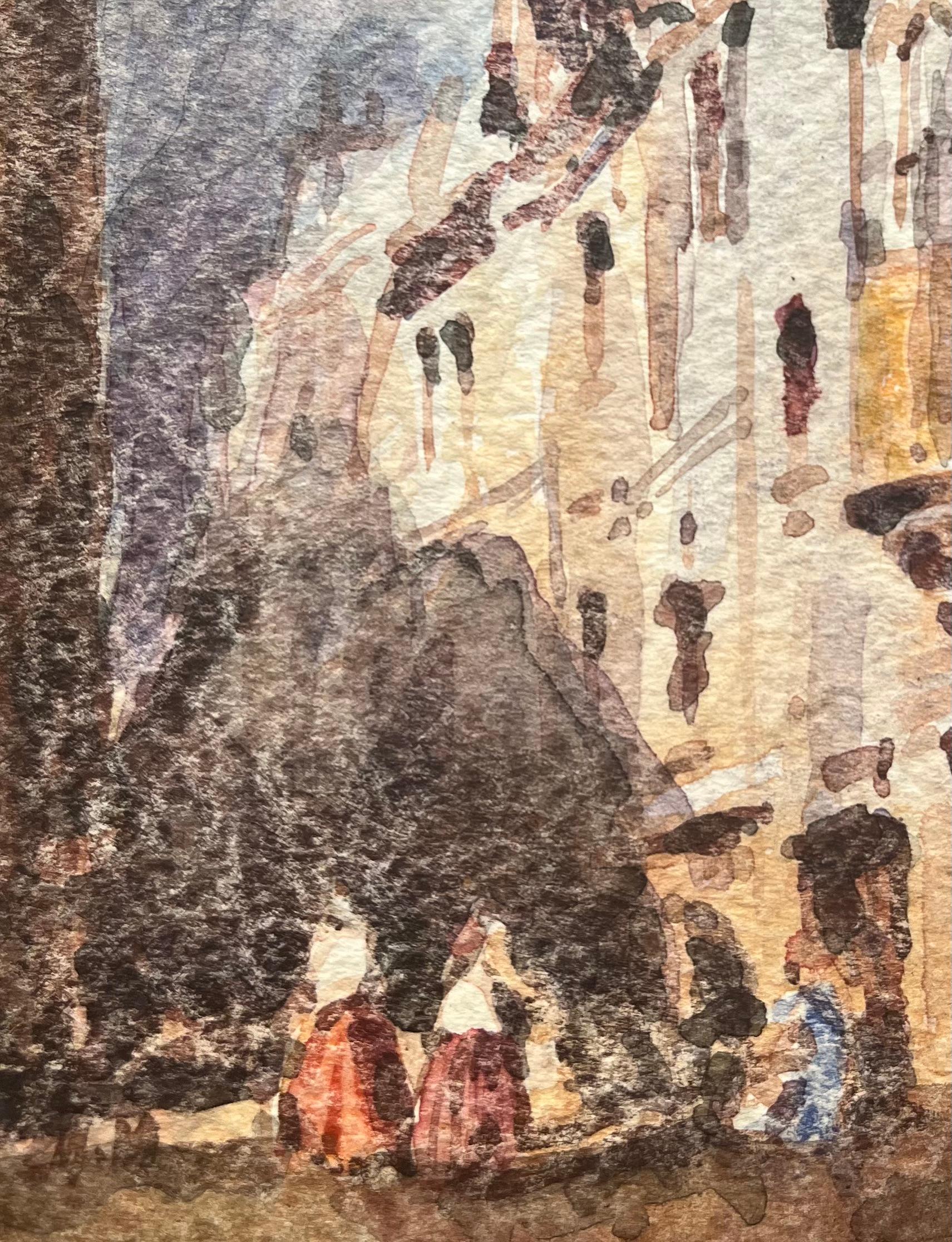 Acquerello impressionista francese con scena di strada e figure - Landscape Art Marrone di Maurice Mazeilie
