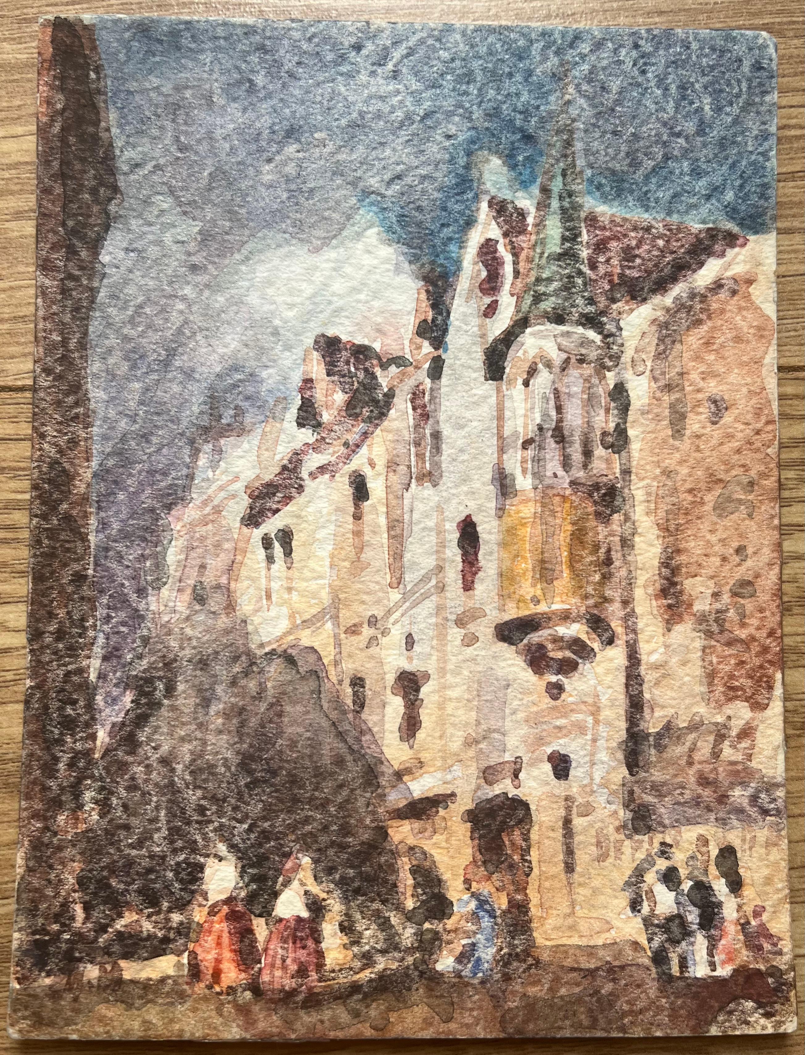 Acquerello impressionista francese con scena di strada e figure - Art di Maurice Mazeilie
