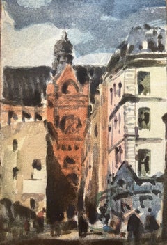 French Impressionist Watercolor Street Scene with Prominent Red Brick Building