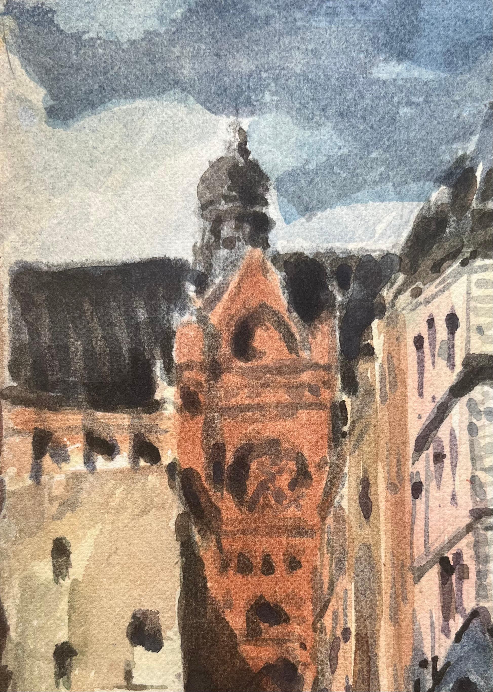 Aquarelle impressionniste française représentant une scène de rue avec un important bâtiment en briques rouges - Impressionnisme Art par Maurice Mazeilie