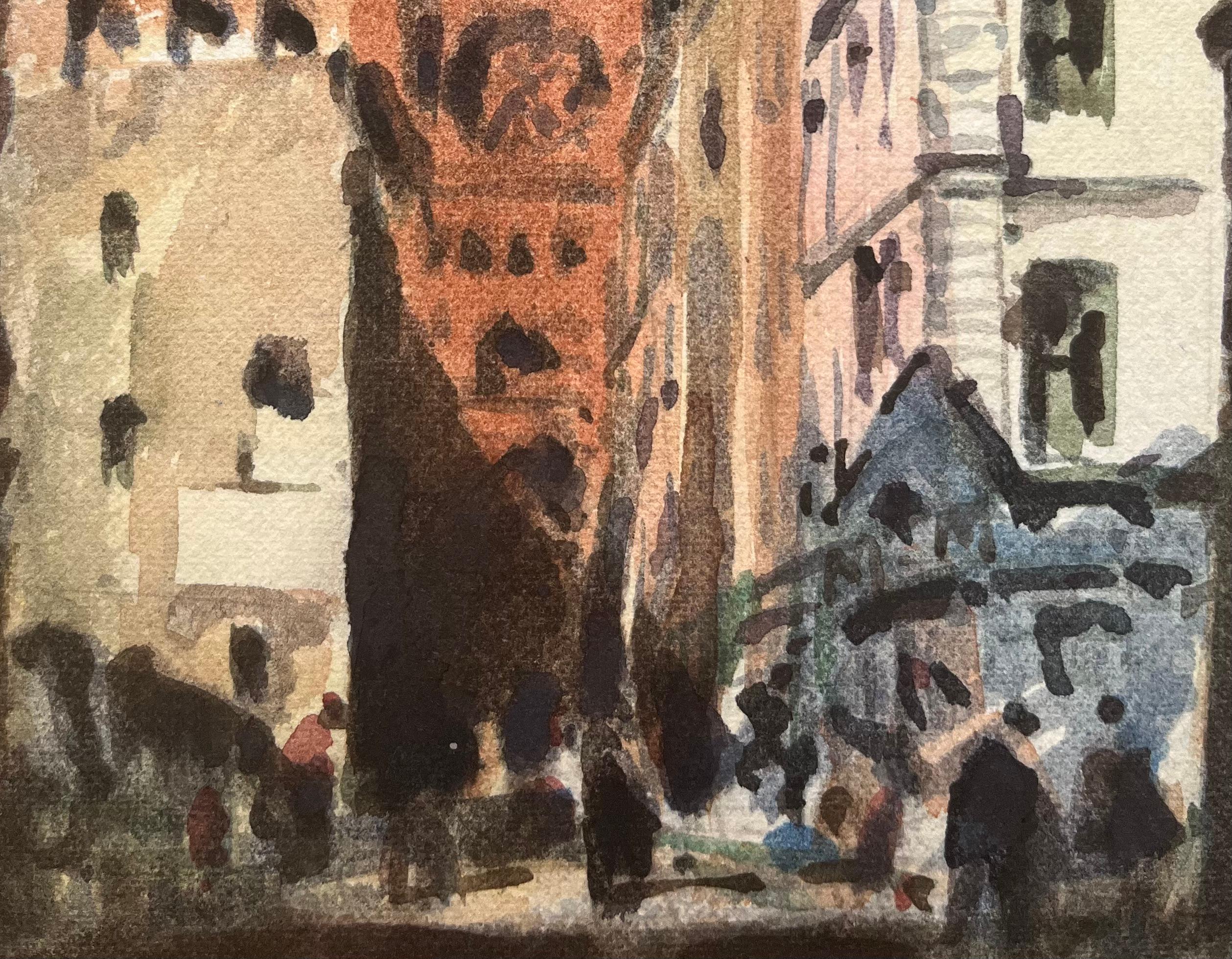 Titre : Scène de rue à l'aquarelle impressionniste française avec un important bâtiment en briques rouges
Par Maurice Mazeilie (français 1924-2021)
Moyen d'expression : Aquarelle sur papier, non encadrée
Taille : 6.75 x 4.75 pouces (hauteur x