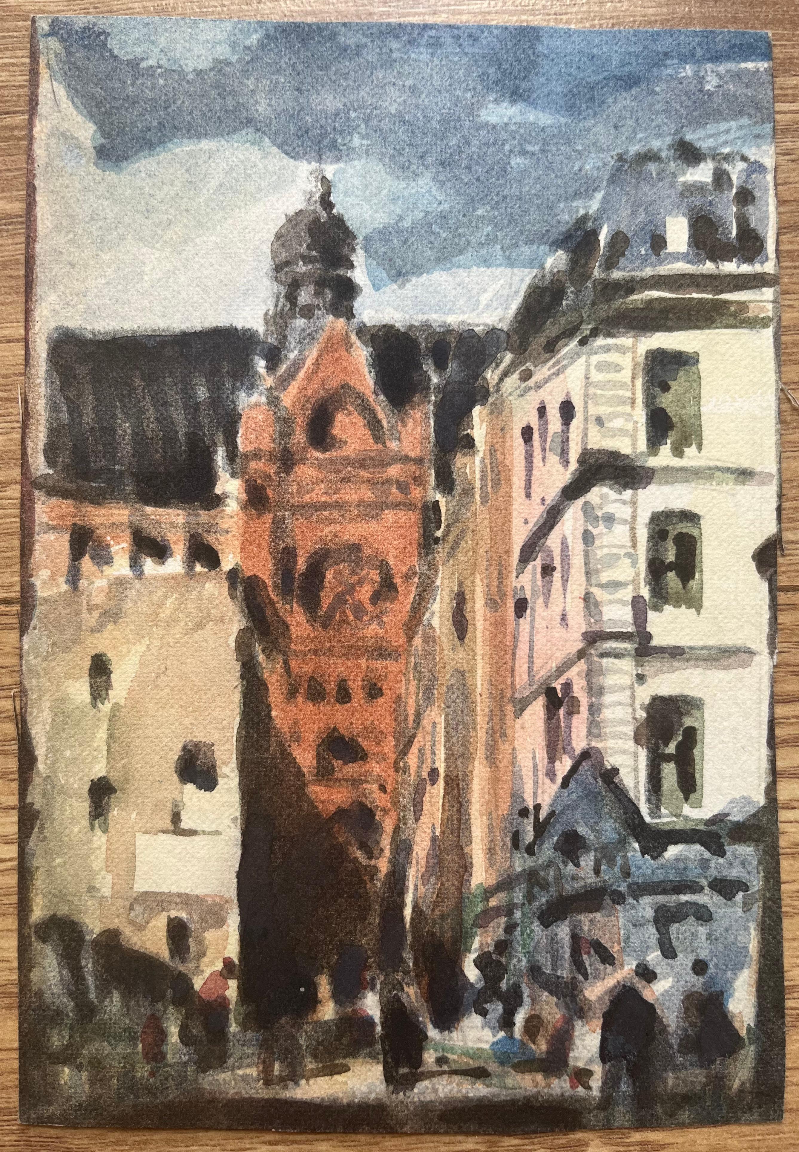 Aquarelle impressionniste française représentant une scène de rue avec un important bâtiment en briques rouges - Art de Maurice Mazeilie