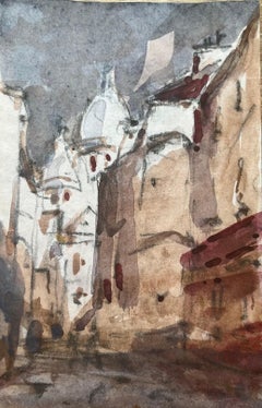 French Impressionist Watercolor of Urban Scene with Cathedral Domes