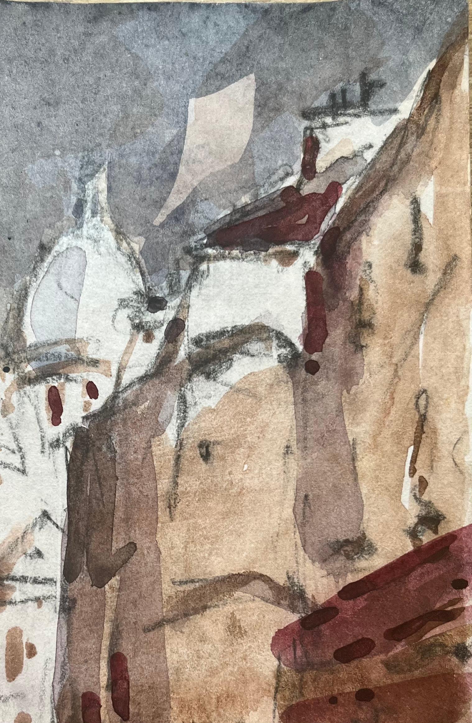 Acquerello impressionista francese di una scena urbana con cupole di una cattedrale in vendita 1