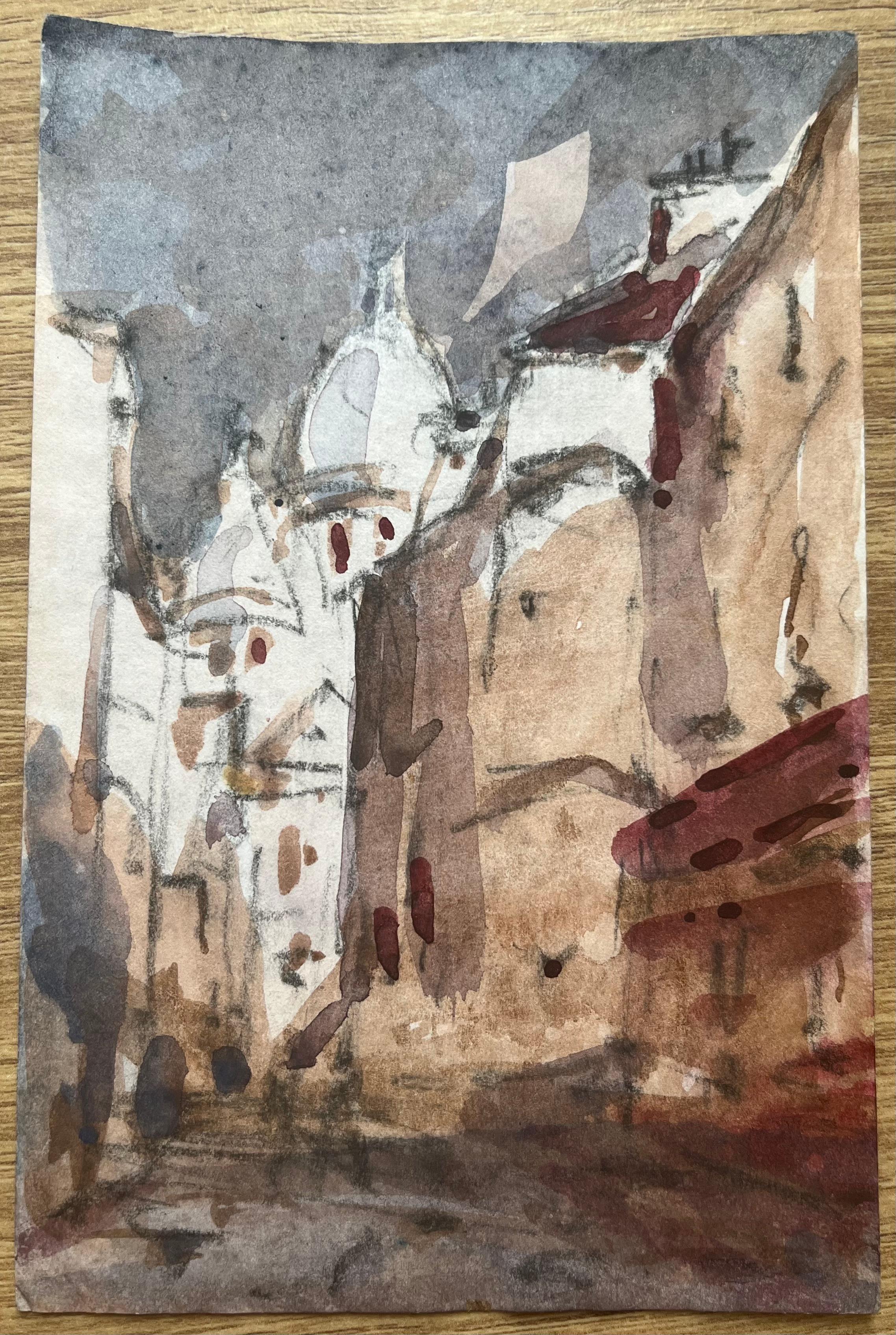 Acquerello impressionista francese di una scena urbana con cupole di una cattedrale - Art Impressionismo di Maurice Mazeilie