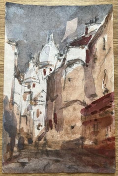 Acquerello impressionista francese di una scena urbana con cupole di una cattedrale