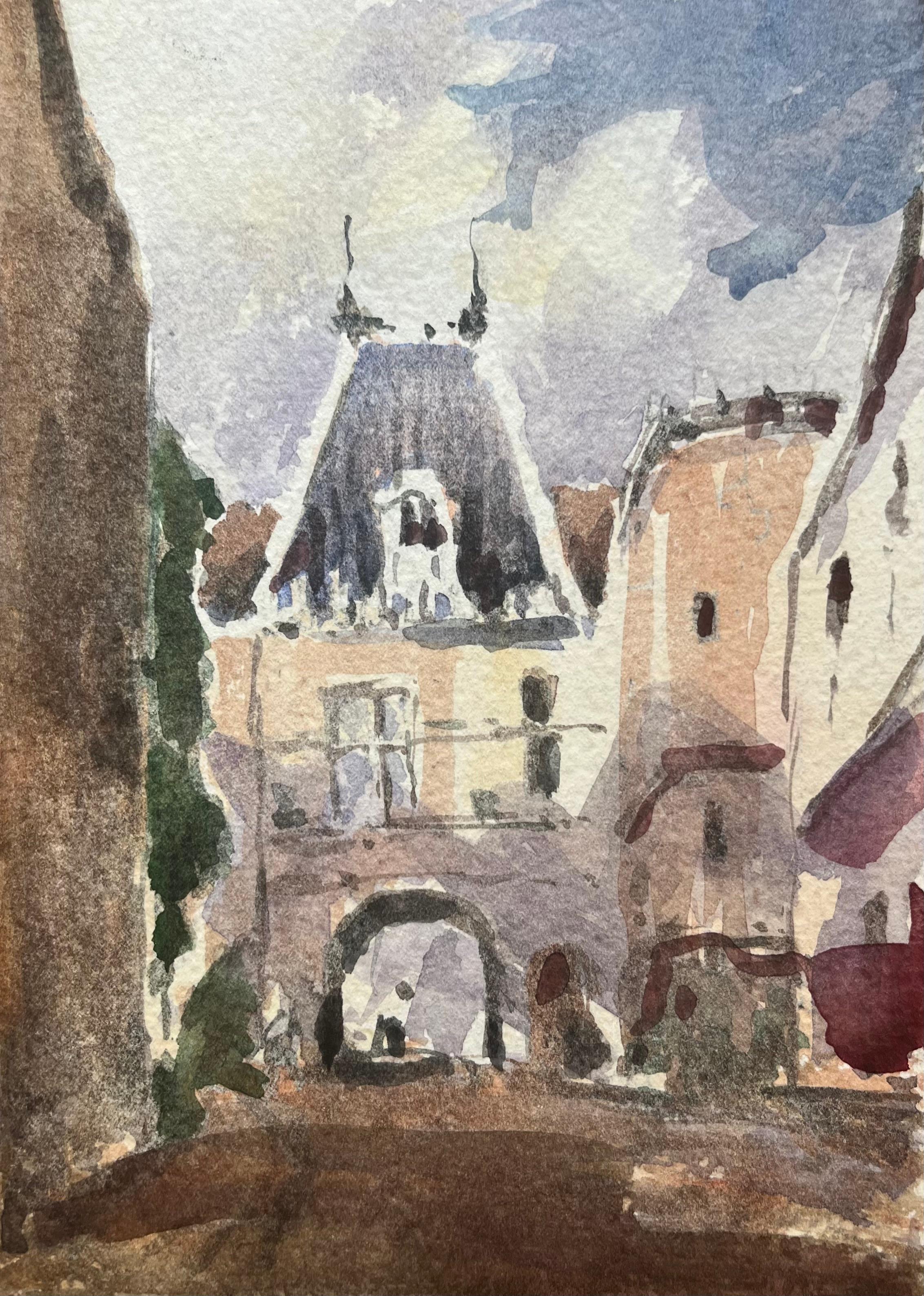 Aquarelle impressionniste française de Quiet French Village Street avec arche