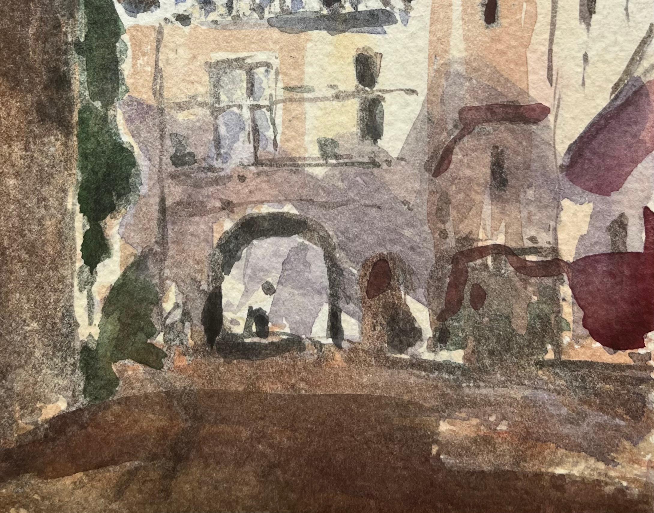 Acquerello impressionista francese di una tranquilla strada di un villaggio francese con un arco - Art Impressionismo di Maurice Mazeilie