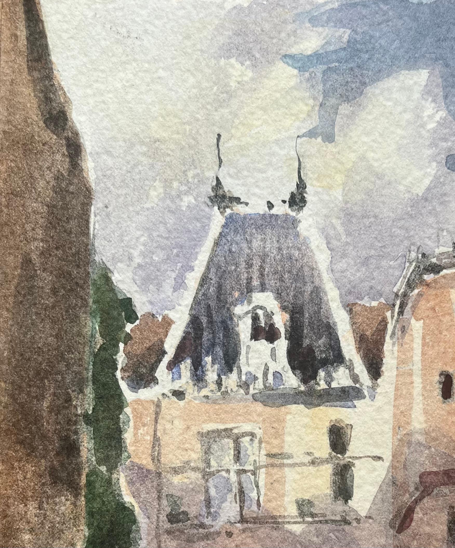 Acquerello impressionista francese di una tranquilla strada di un villaggio francese con un arco - Landscape Art Marrone di Maurice Mazeilie