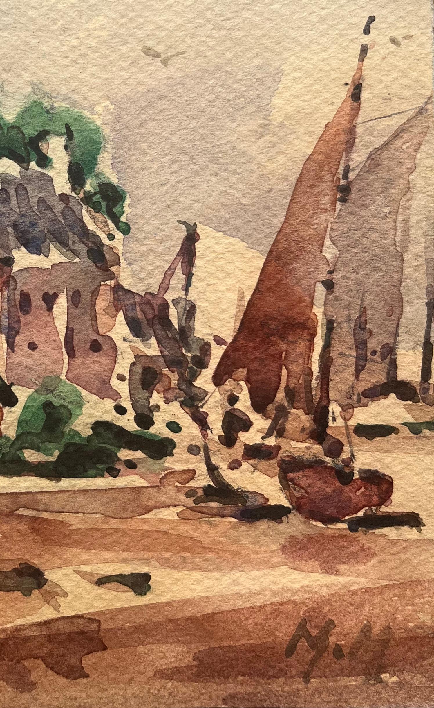 Titre : Aquarelle impressionniste française d'une scène côtière avec des bateaux et de la verdure
Par Maurice Mazeilie (français 1924-2021)
Moyen d'expression : Aquarelle sur papier, non encadrée
Taille : 7 x 5.25 pouces (hauteur x largeur)
Signé :